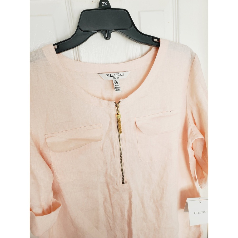 NEW Ellen Tracy Top Pink Linen Zip Front Roll Tab Sleeve Casual Summer Blouse M